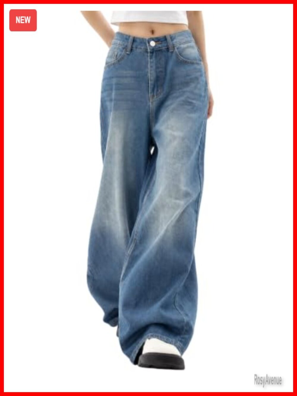 Womens Wide Leg Baggy Mid Rise Denim Boyfriend Jeans Pull On